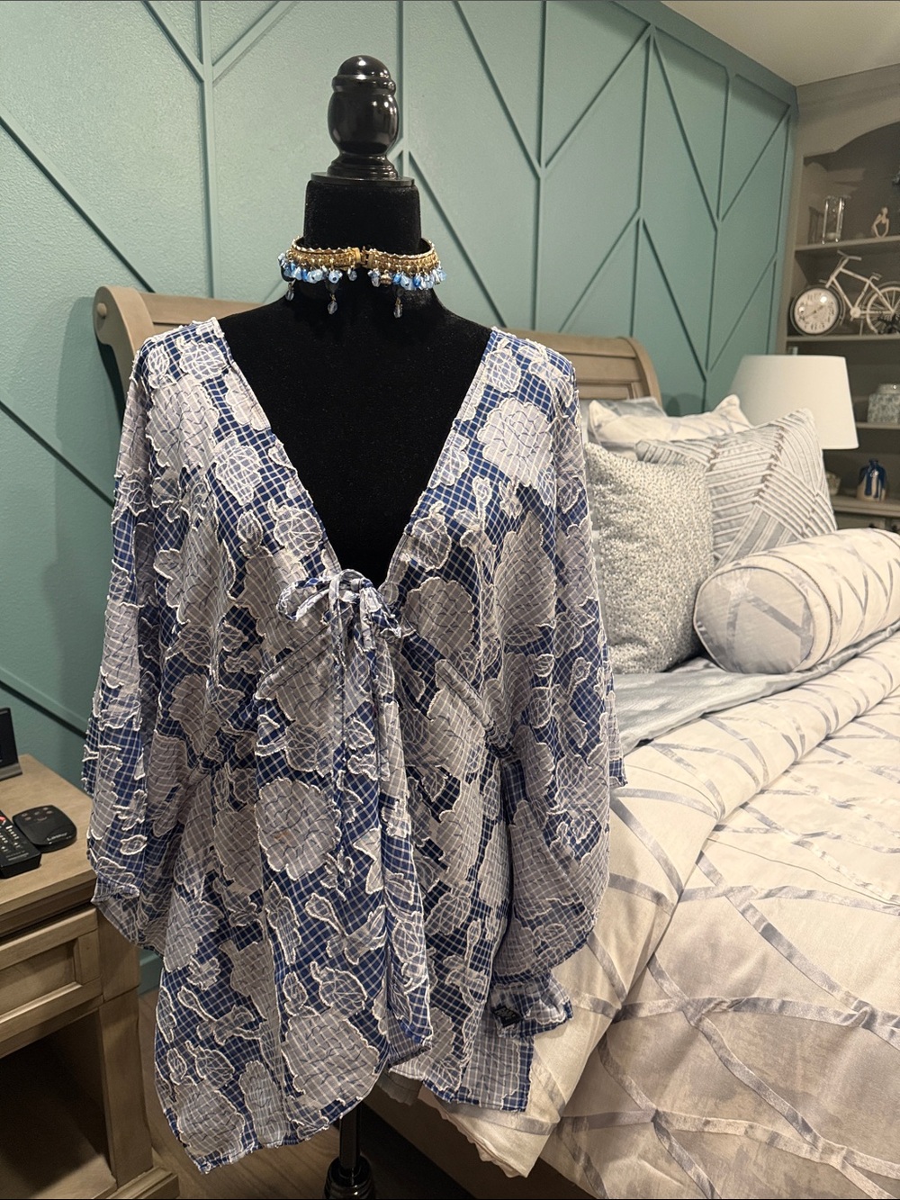 Blue and White Floral Tie-Front Blouse
